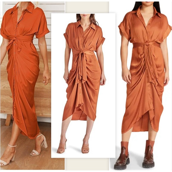 Dresses & Skirts - Big Hit Fashion Tie Front Midi Cocoon  Orange Copper Dress Size M